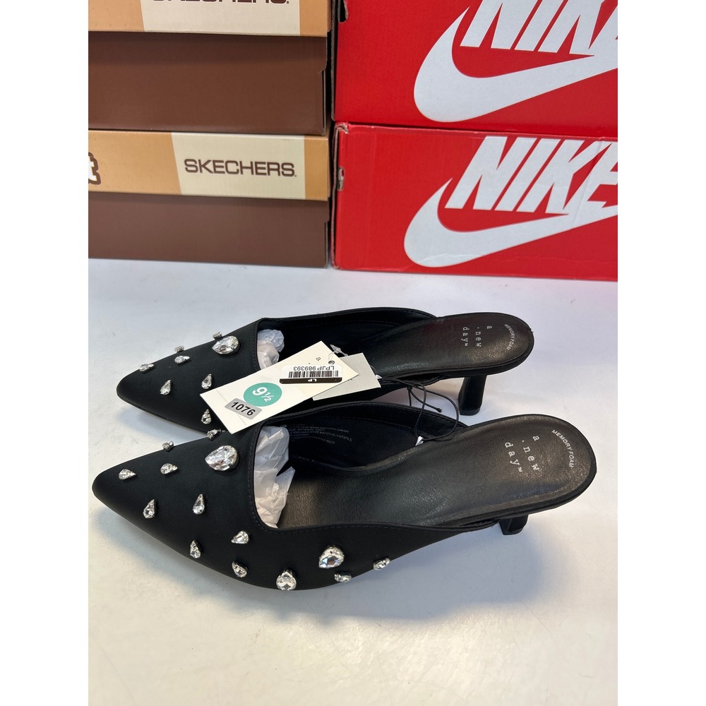 1076 A New Day Kitten Heel Mules Womens 9.5 Black Rhinestone Pointed Toe Slip On